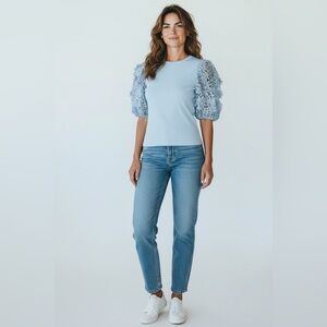 Dolan Light Blue Lace Puff Sleeve Blouse